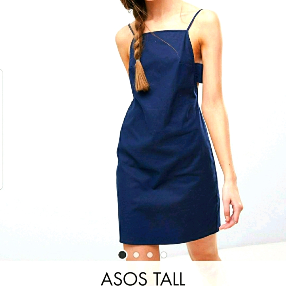 Asos tall navy open back linen mini dress